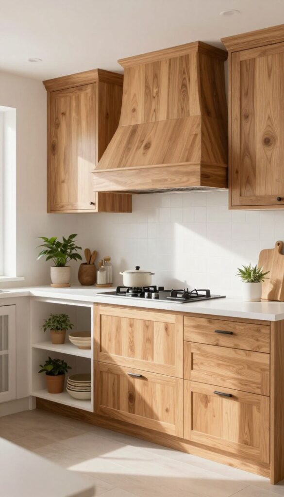 Decorative wooden vent hood cover matching cabinetry in a bright farmhouse kitchen
