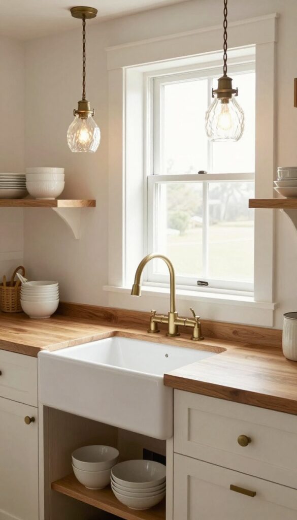 Vintage milk glass pendant lights over a farmhouse sink in a bright cottage core kitchen