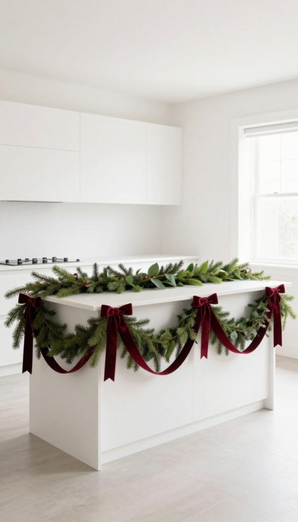 Modern kitchen island with under-island greenery garland and velvet ribbons