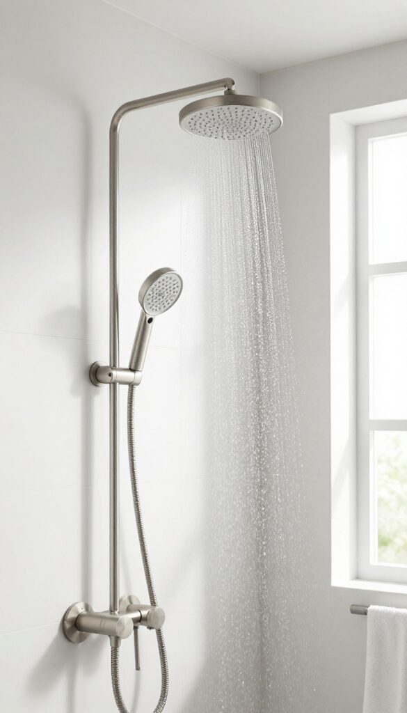 A handheld showerhead on an adjustable slide bar in a bright, modern bathroom, showcasing its versatility for cleaning and bathing without any text or labels.