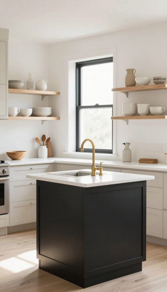Small kitchen with matte black island base and cabinet hardware, light cabinets, white countertops, black window frames, warm brass faucet, white ceramics on open shelving, bright natural light.