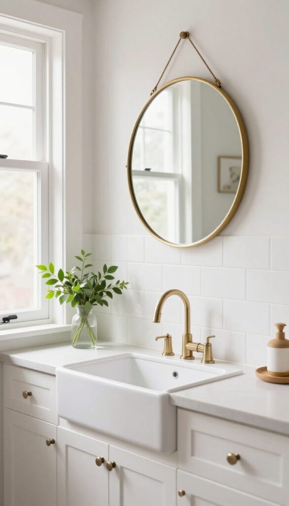 Small kitchen with a round brass mirror above the sink reflecting natural light from the window