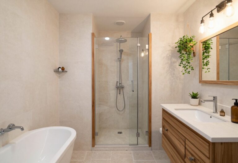 Rustic off grid bathroom shower with wooden shelves, stone tiles, and hanging plants in a cozy, well-lit setting.