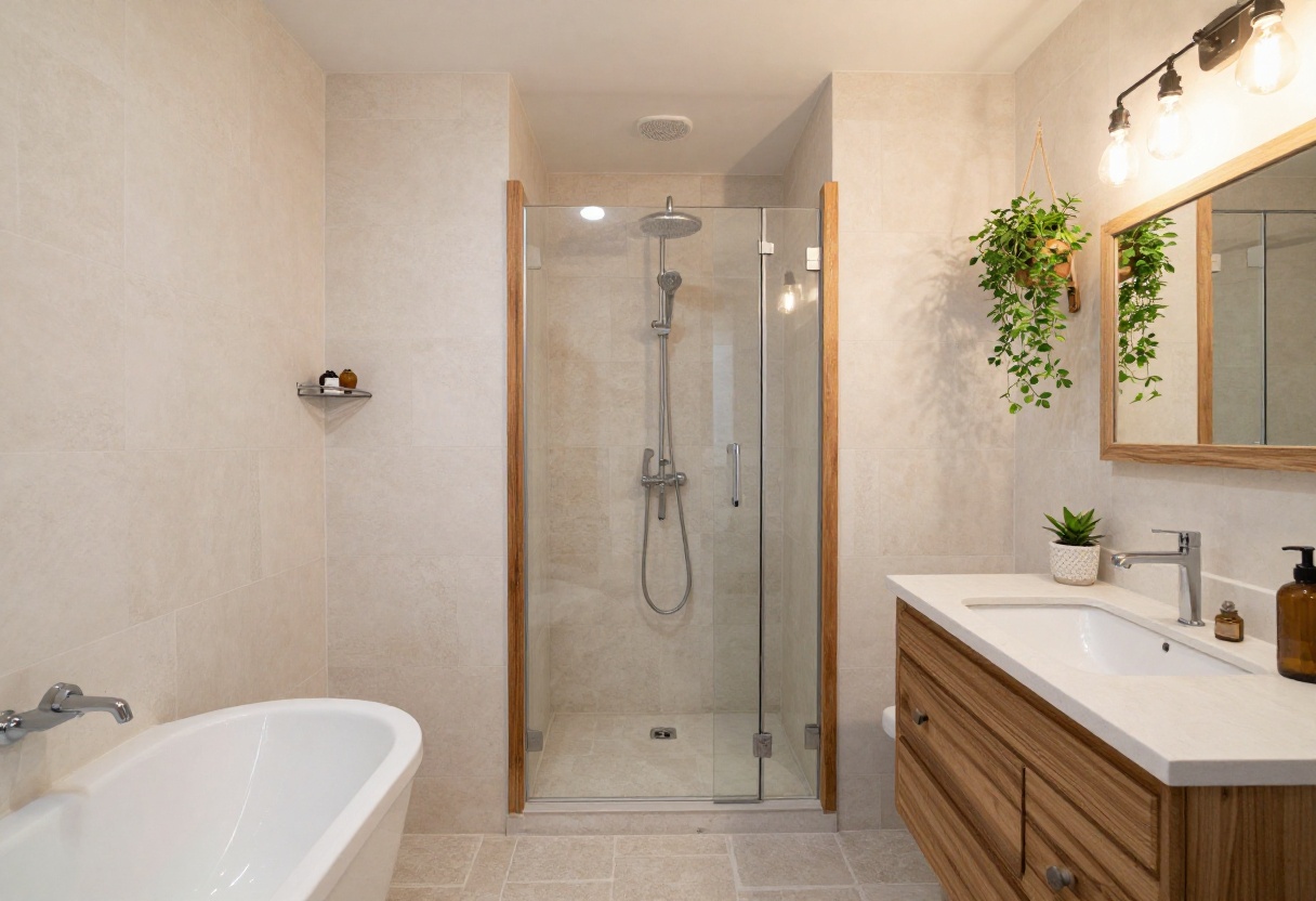 Rustic off grid bathroom shower with wooden shelves, stone tiles, and hanging plants in a cozy, well-lit setting.