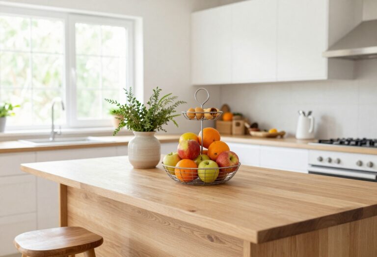 Kitchen island with tiered fruit basket and herb vase as centerpiece