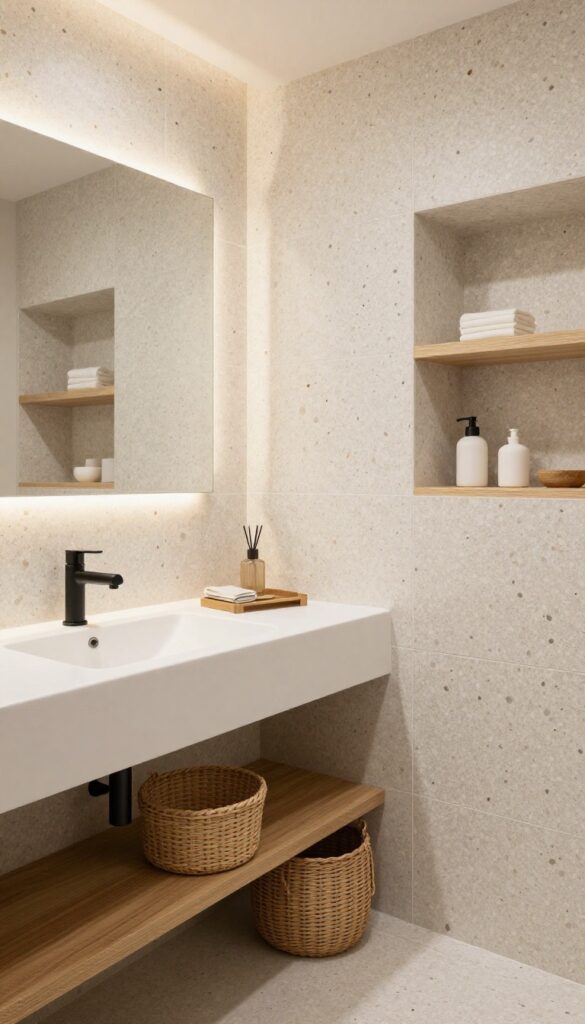 A bathroom shower with beige terrazzo tiles featuring a playful speckled pattern, paired with modern fixtures and natural decor elements in bright natural light.