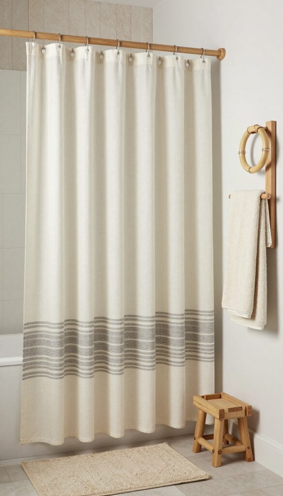 A rustic bathroom featuring a striped cotton shower curtain in neutral beige and gray tones with wooden accents and natural materials.