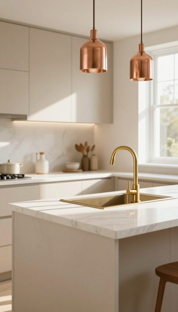 Modern beige kitchen with warm brass faucet and copper pendant lights