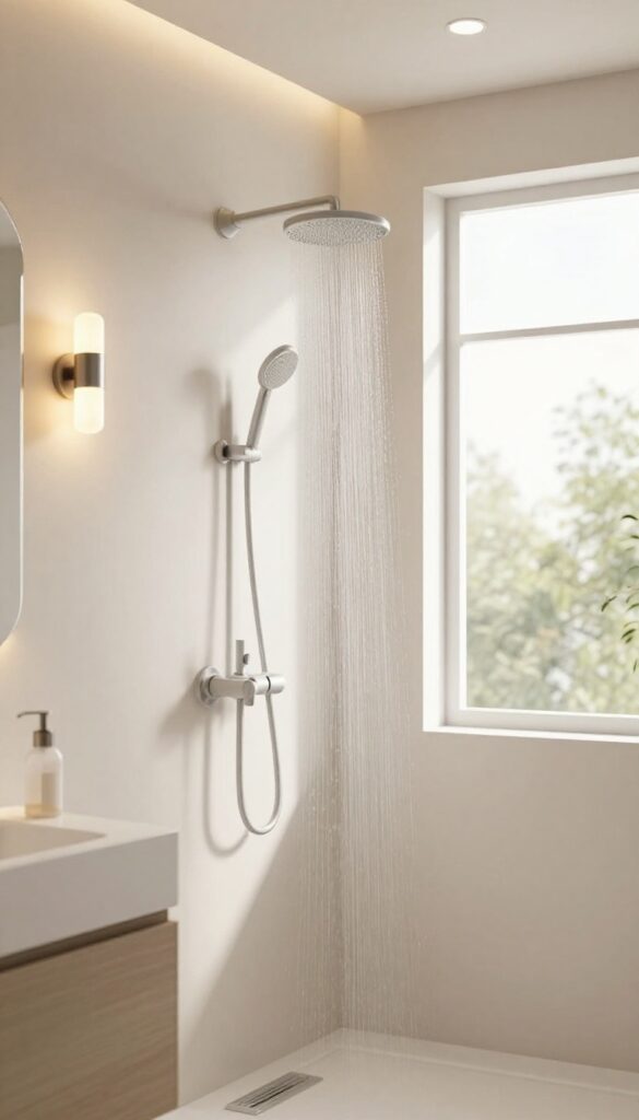 Modern bathroom with rainfall shower and layered soft lighting including sconces, recessed lights, and pendant for a cozy ambiance.