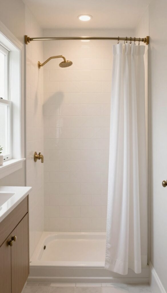 Alcove tub and shower combo with herringbone subway tile and curved rod