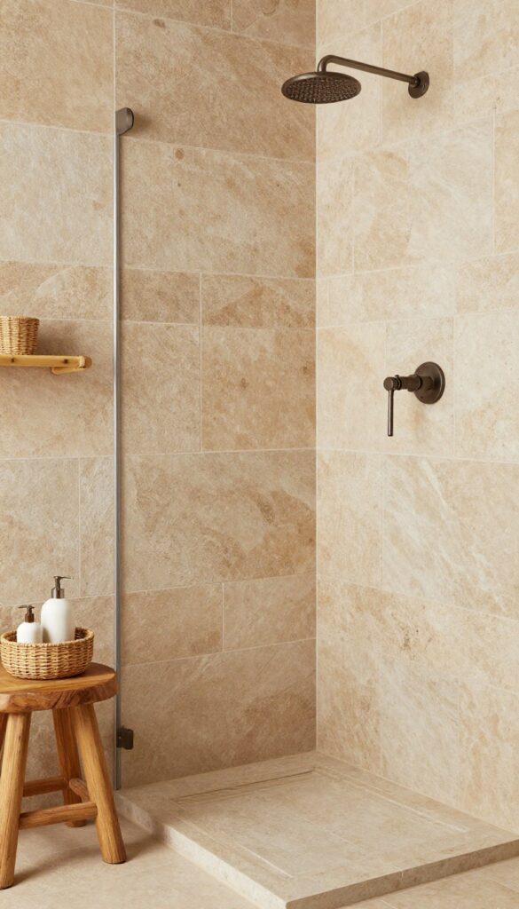 Rustic shower with natural stone tiles and built-in seat in bright natural light
