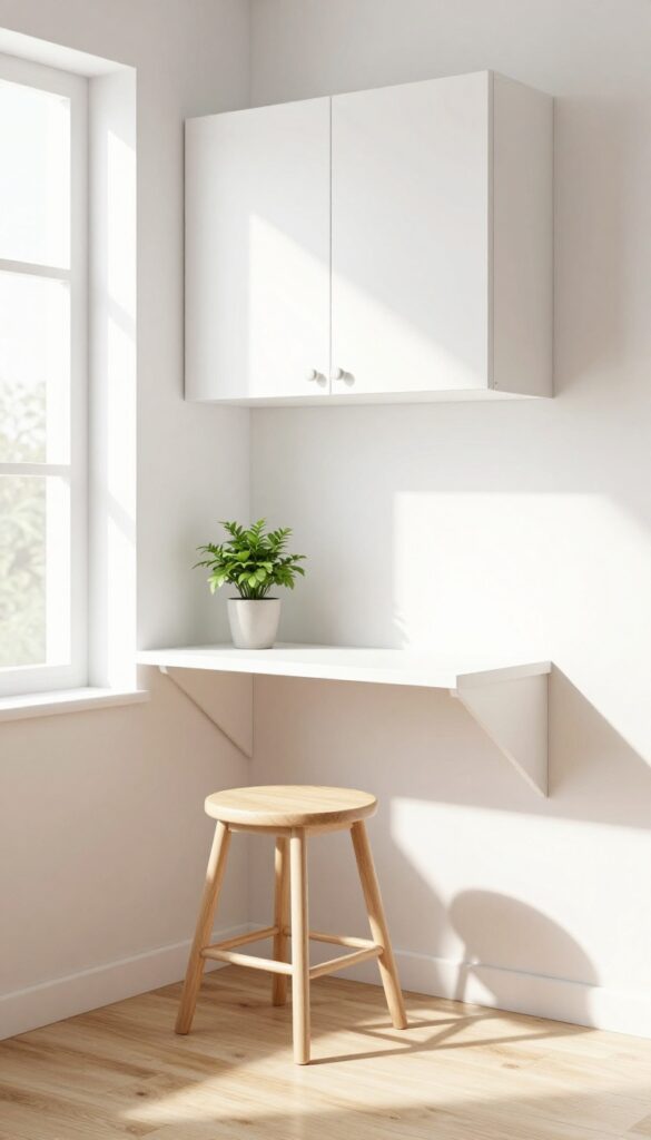 Floating shelf desk in a small kitchen for solo meals, with stool tucked underneath and plant on shelf.