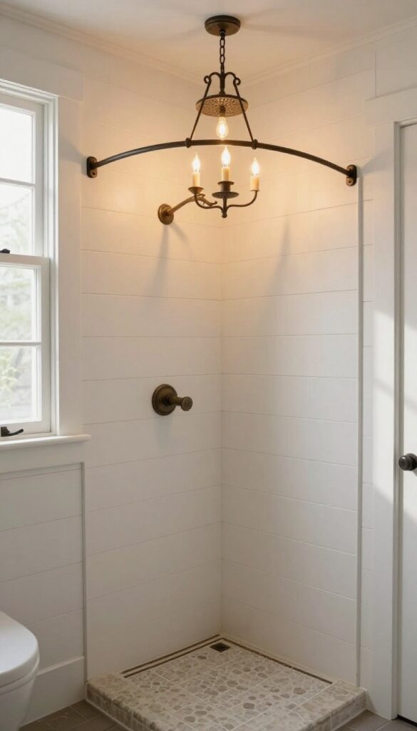 A rustic chandelier hanging above a farmhouse bathroom shower, providing soft ambient light in a clean, natural setting with shiplap walls and stone flooring.