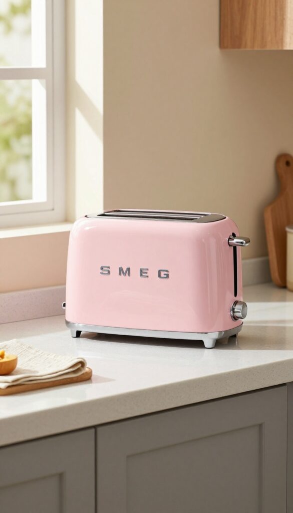 Bright pink Smeg toaster on neutral beige and white kitchen countertop with natural light