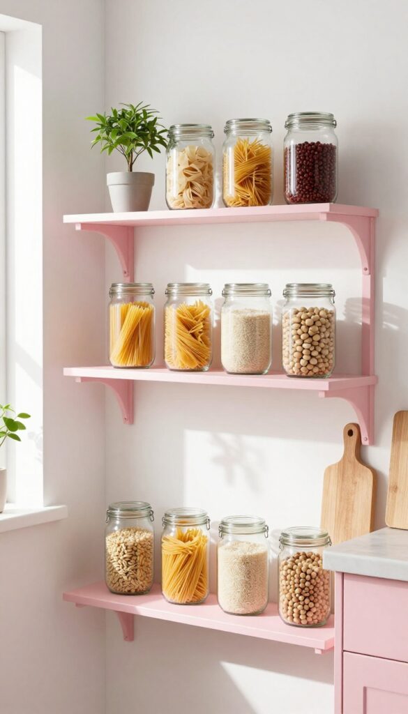 Blush pink open shelving with glass jars in a bright kitchen