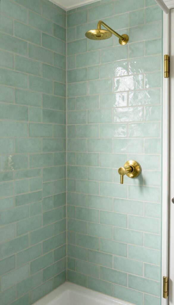 A bathroom pony wall featuring herringbone-patterned subway tiles in soft sage green with light grout and brass hardware under bright natural light.
