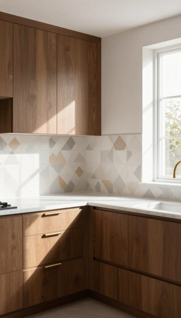 Neutral geometric backsplash tiles with brown cabinets in a bright kitchen