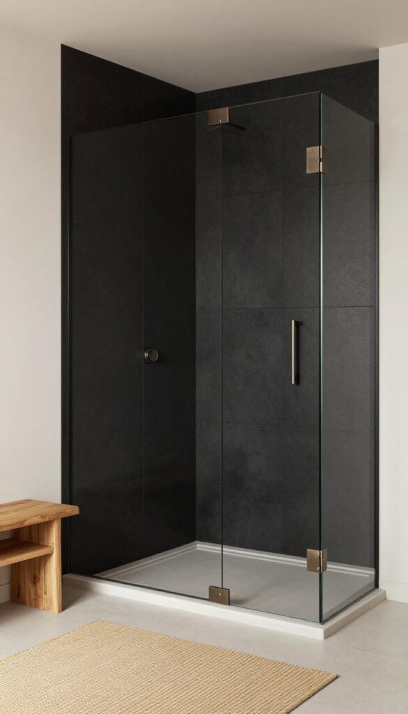 Modern bathroom shower with matte black tiles and brushed nickel fixtures in bright natural light.