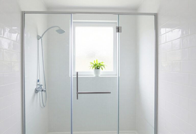 Small bathroom with frameless glass shower enclosure, white tiles, and a plant on a shelf.