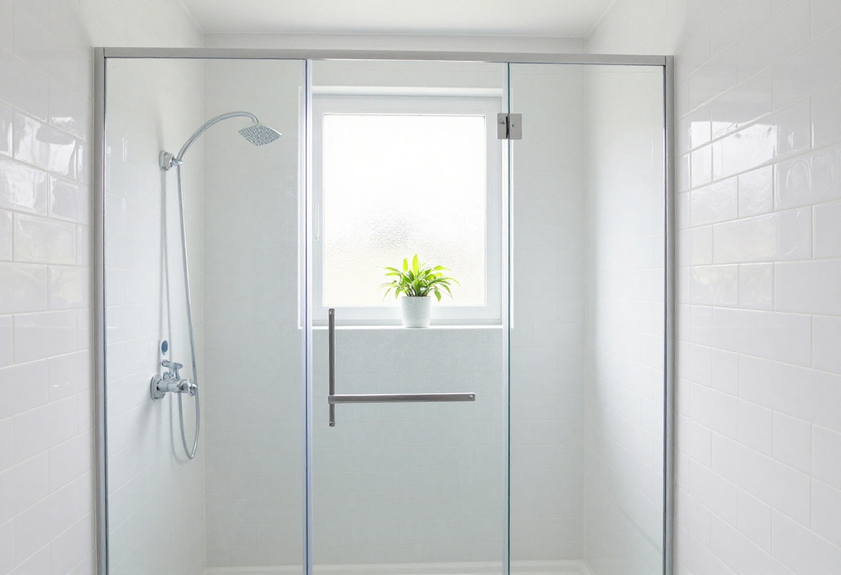Small bathroom with frameless glass shower enclosure, white tiles, and a plant on a shelf.