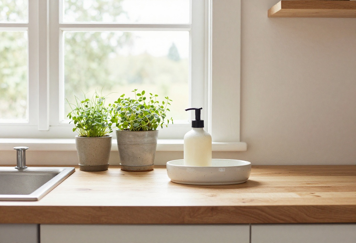 Warm kitchen sink area with a ceramic speckled soap tray and hand soap, natural light, and potted herbs.