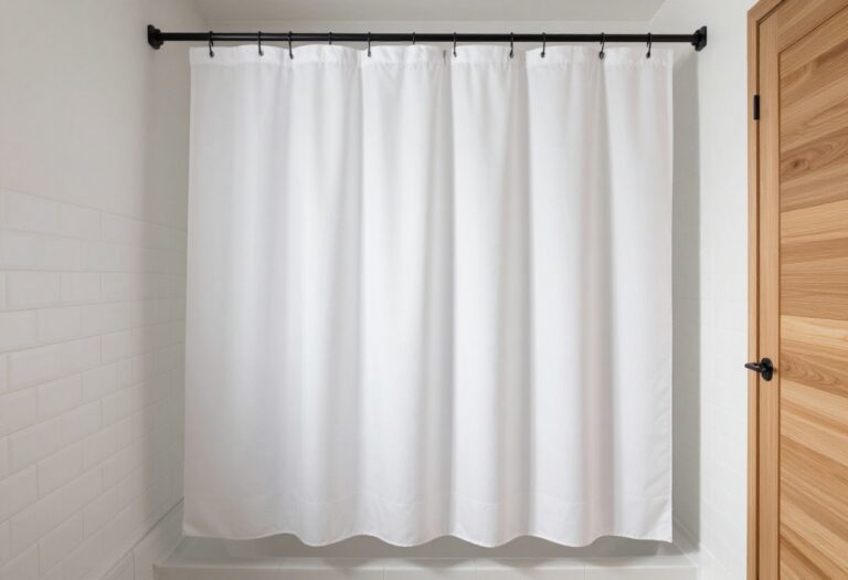 Modern bathroom featuring a crisp white hotel-style shower curtain in bright natural light, showcasing clean composition and upgraded home decor.