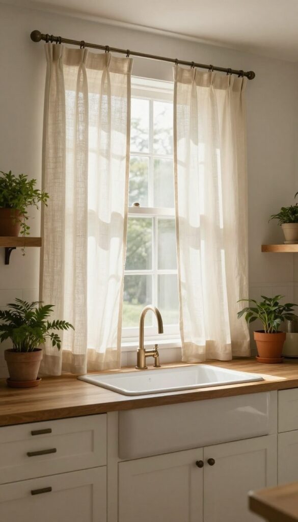 Kitchen with soft linen curtains filtering sunlight, cream fabric panels on a rod above sink, bright and cozy interior design
