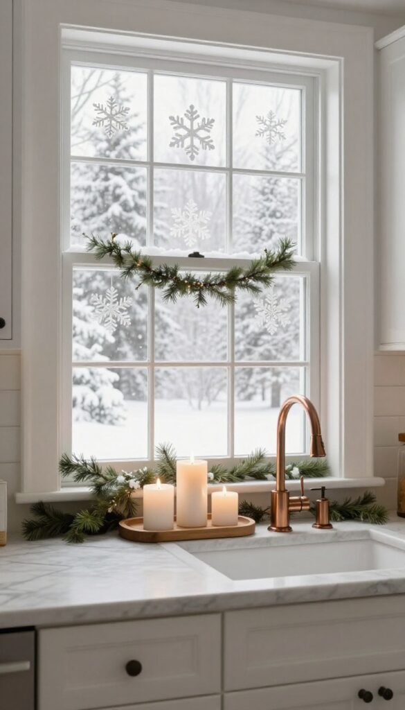 Kitchen window decorated with snowflake clings, garland, and candles on the sill, with snowy view outside.