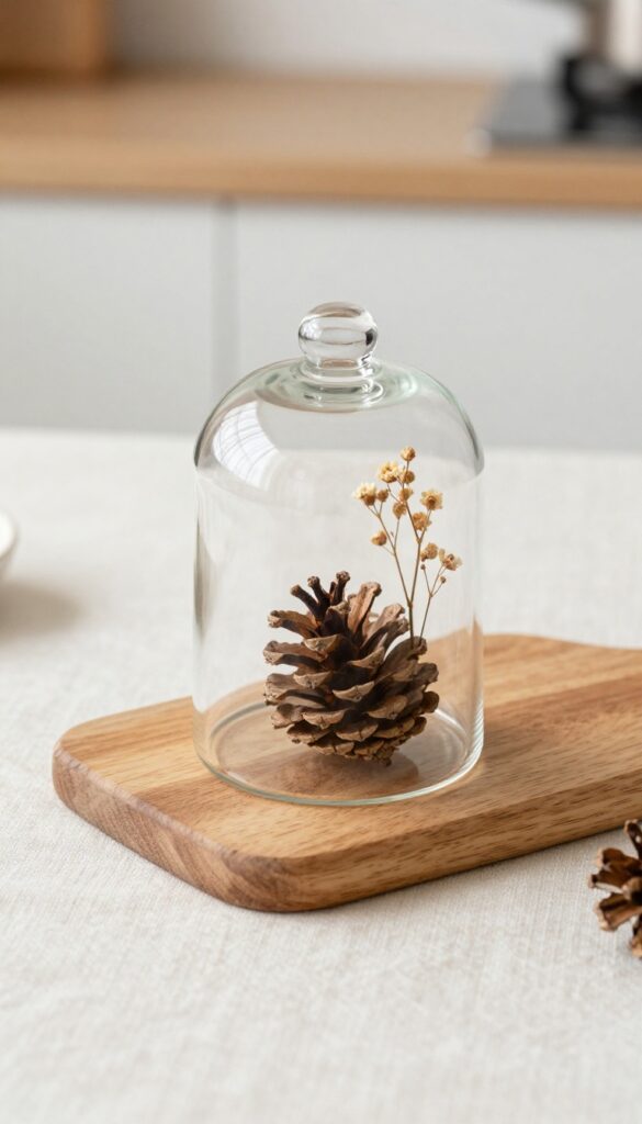 A glass cloche placed on a wooden cutting board, containing a pinecone and dried flowers, in a bright kitchen setting.