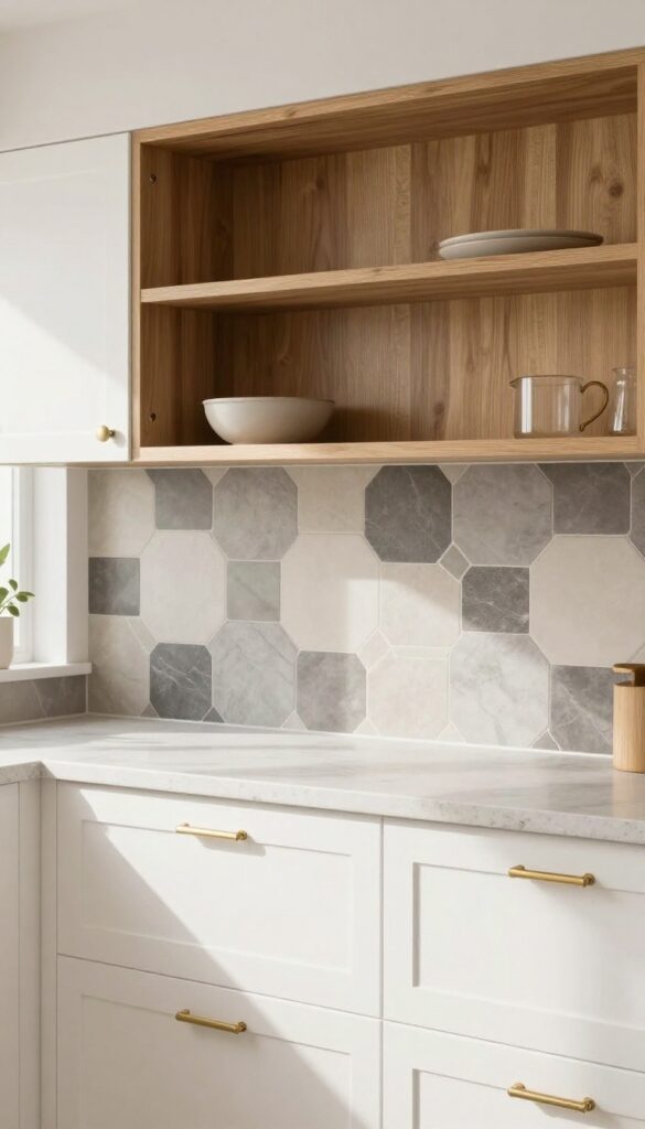 Modern kitchen with geometric peel-and-stick backsplash in charcoal and cream hexagon pattern, white cabinets, warm wood shelves, brushed brass hardware.
