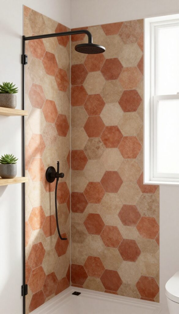 A cozy bathroom shower featuring hexagon tiles in earthy tones like terracotta and beige, arranged in a honeycomb pattern with wooden shelves and matte black fixtures, bright natural light and warm accents for a stylish and inviting look.