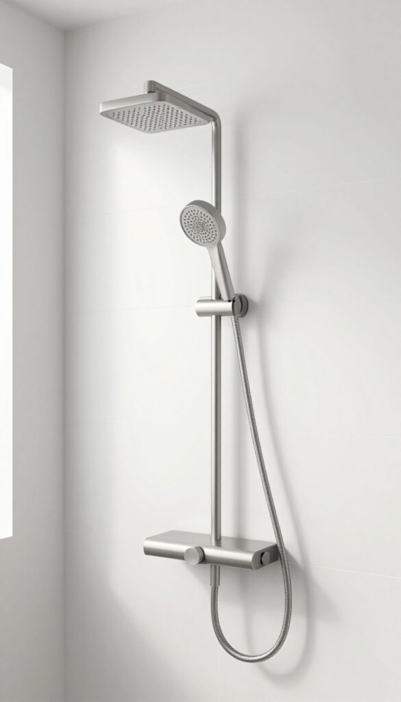 Modern walk-in shower with brushed nickel handheld shower combo on slide bar, large white tiles, natural light