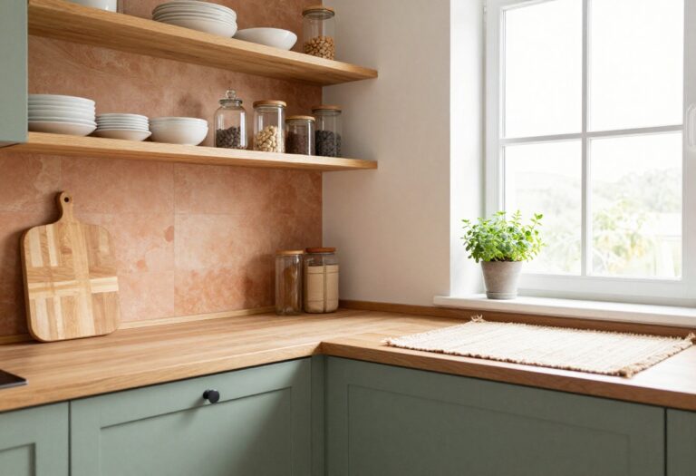 Warm and cozy kitchen with sage green cabinets, open shelving, and terracotta backsplash