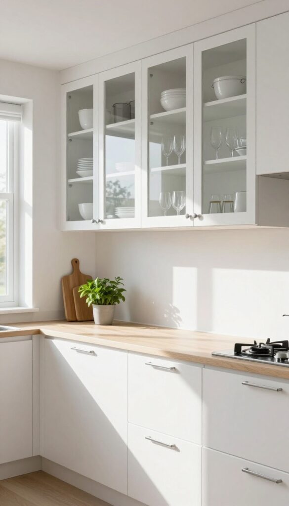 Modern kitchen with glass-front upper cabinets showing neatly arranged dishes, natural light streaming through window, bright and airy atmosphere.