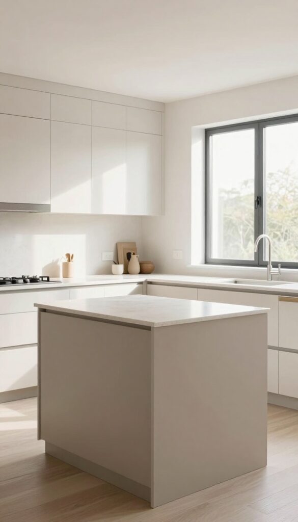Modern kitchen with white cabinets and a warm taupe island