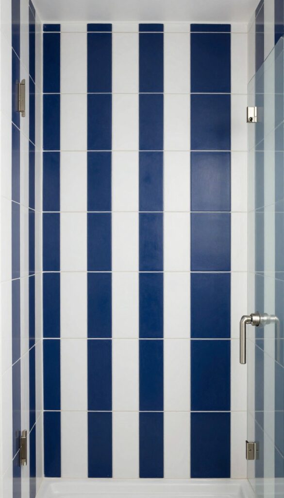 Modern bathroom shower with vertical navy blue and white color-blocked tiles in bright natural light, showcasing bold contrast and clean lines for a minimalist design.