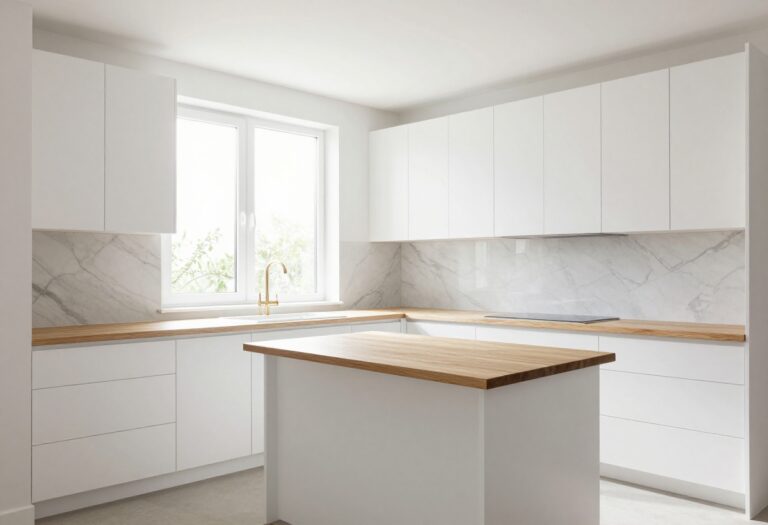 Bright modern narrow kitchen with white cabinets and marble backsplash