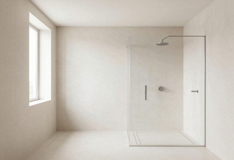Modern bathroom with curbless shower using large-format tiles in soft stone tones for a polished, seamless look.