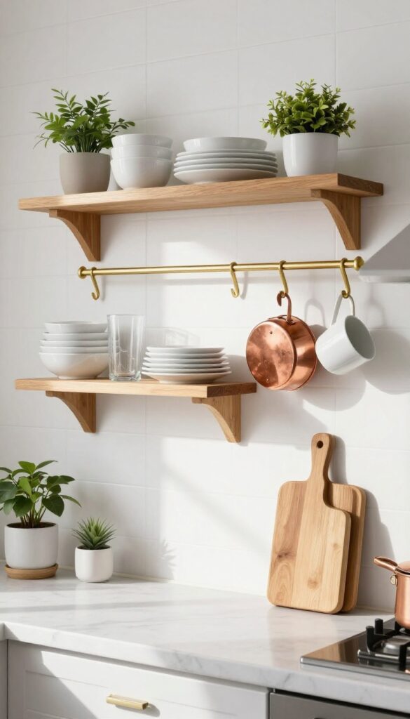 Open wooden shelving with brass accents in a bright Indian kitchen