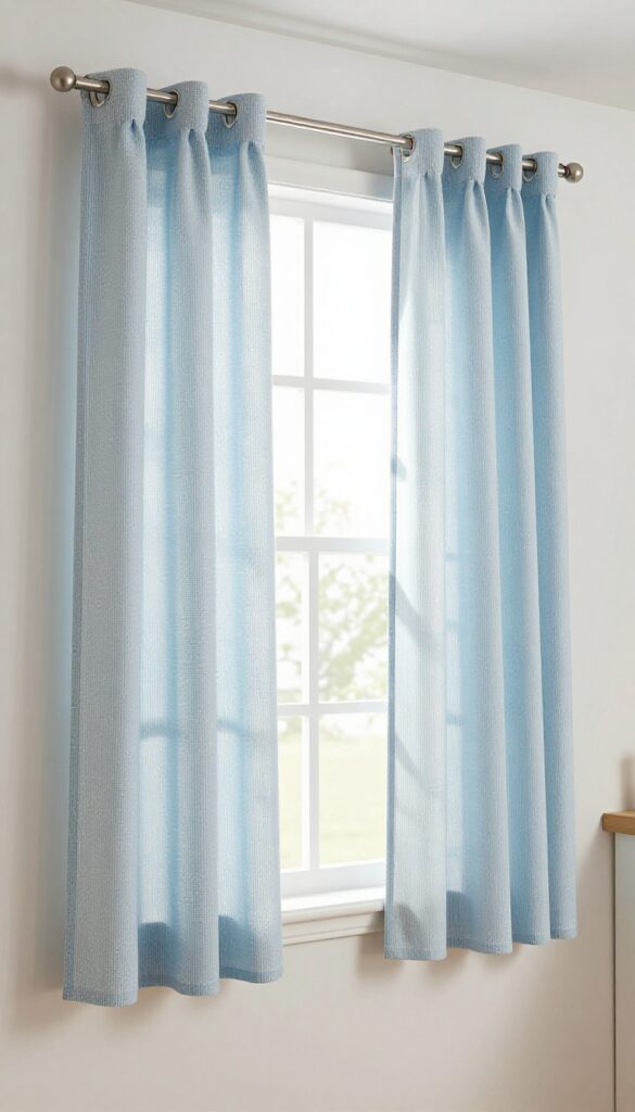 No-sew clip ring curtains on a tension rod above a kitchen sink, with natural light and a clean, clutter-free look.