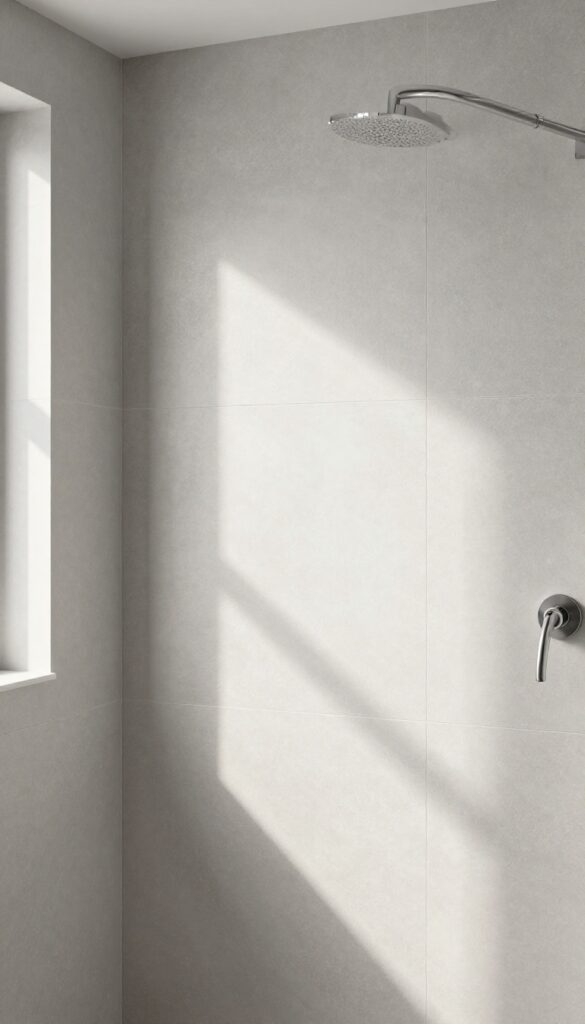 A shower cabin featuring textured gray tiles on one wall with natural light highlighting the depth and character of the texture.