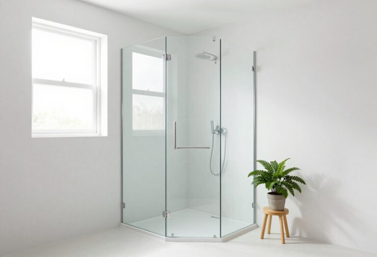 Modern bathroom with frameless glass shower partition, natural light, white tiles, and minimalist decor elements.