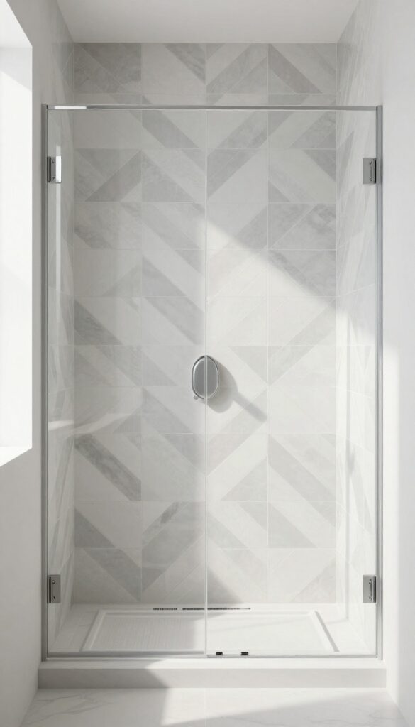 Geometric monochrome tile shower in a master bathroom with clean lines and natural light