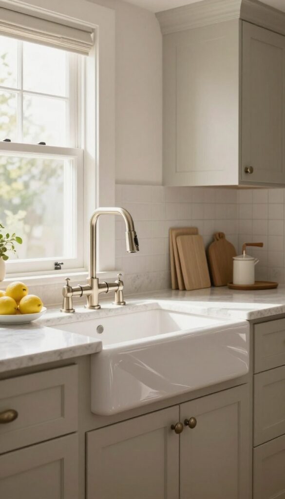 Neutral kitchen with apron-front sink and brushed nickel bridge faucet