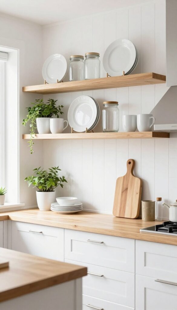 Kitchen with white bead board backsplash on lower wall and natural wood open shelves above, holding dishes and plants in bright natural light.