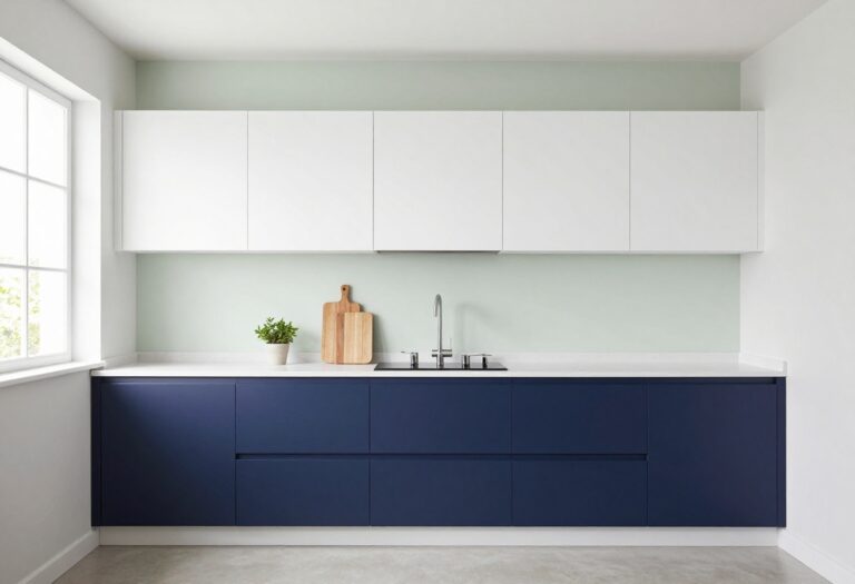 Bright small kitchen with white and navy cabinets, sage green walls, and natural light from window
