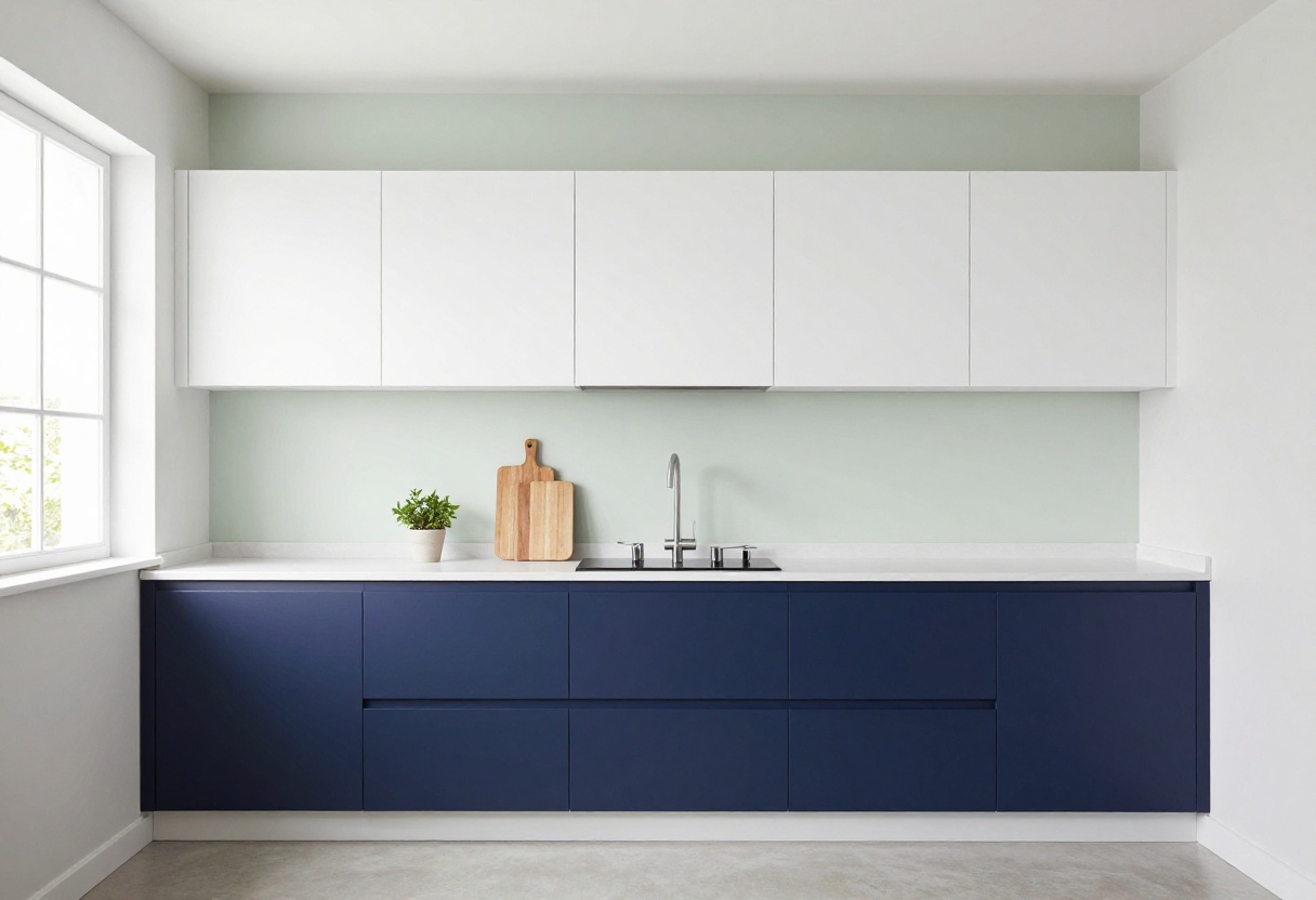 Bright small kitchen with white and navy cabinets, sage green walls, and natural light from window