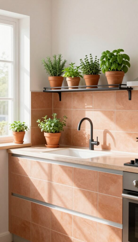 Terracotta backsplash with hanging herb planters in a bright kitchen