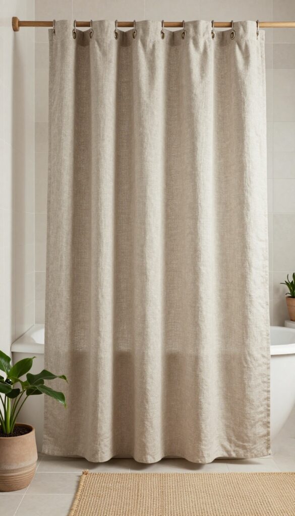 Linen shower curtain with wooden rings in a rustic bathroom setting