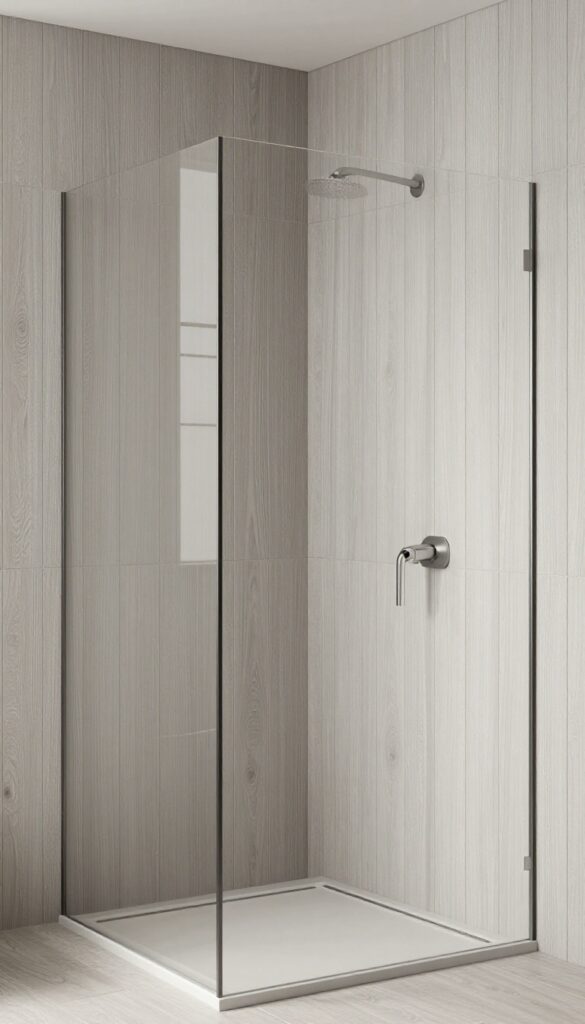 A tall-looking shower with vertical wood tile planks in greige tones, showcasing a clean architectural design with natural light and modern fixtures.